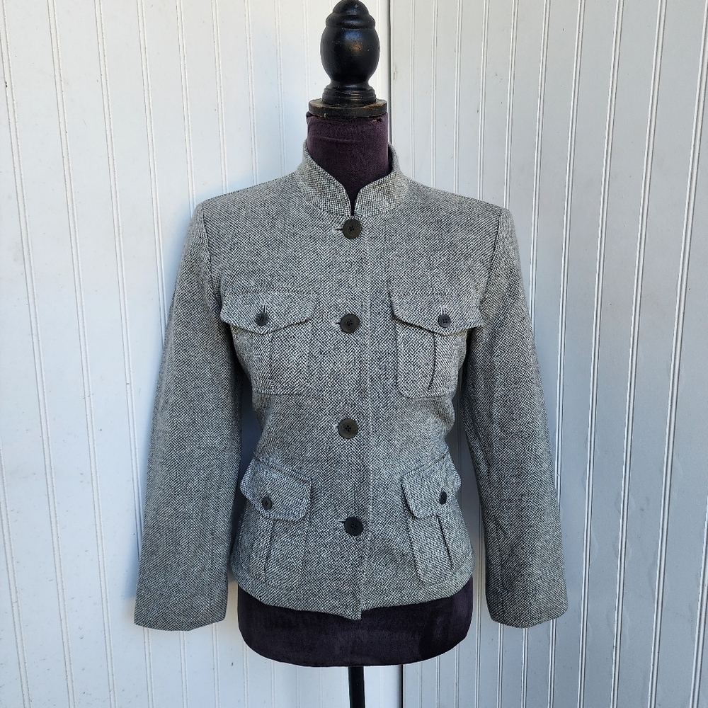 Liz Claiborne Chunky Tweed Gray Wool Cashmere Blazer Woolmark Military Sz 6 - Picture 1 of 13